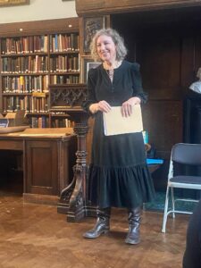 Writer Fiona Thompson in the library at Conway Hall